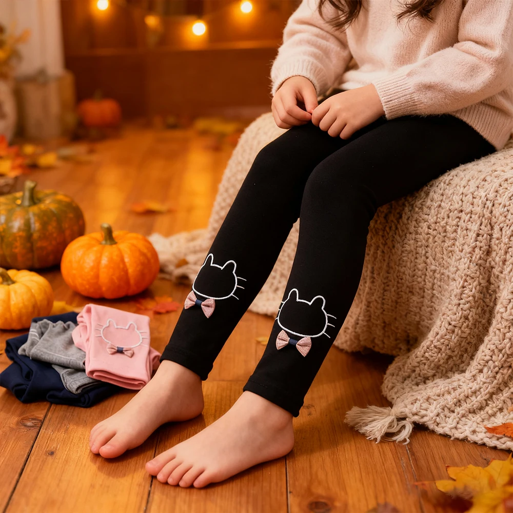 Mädchen Herbst Kleidung Nette Katze Stickerei Mädchen Leggings Elastische Frühling Dünne Warme Mädchen Hosen kinder Kleidung Casual Hosen