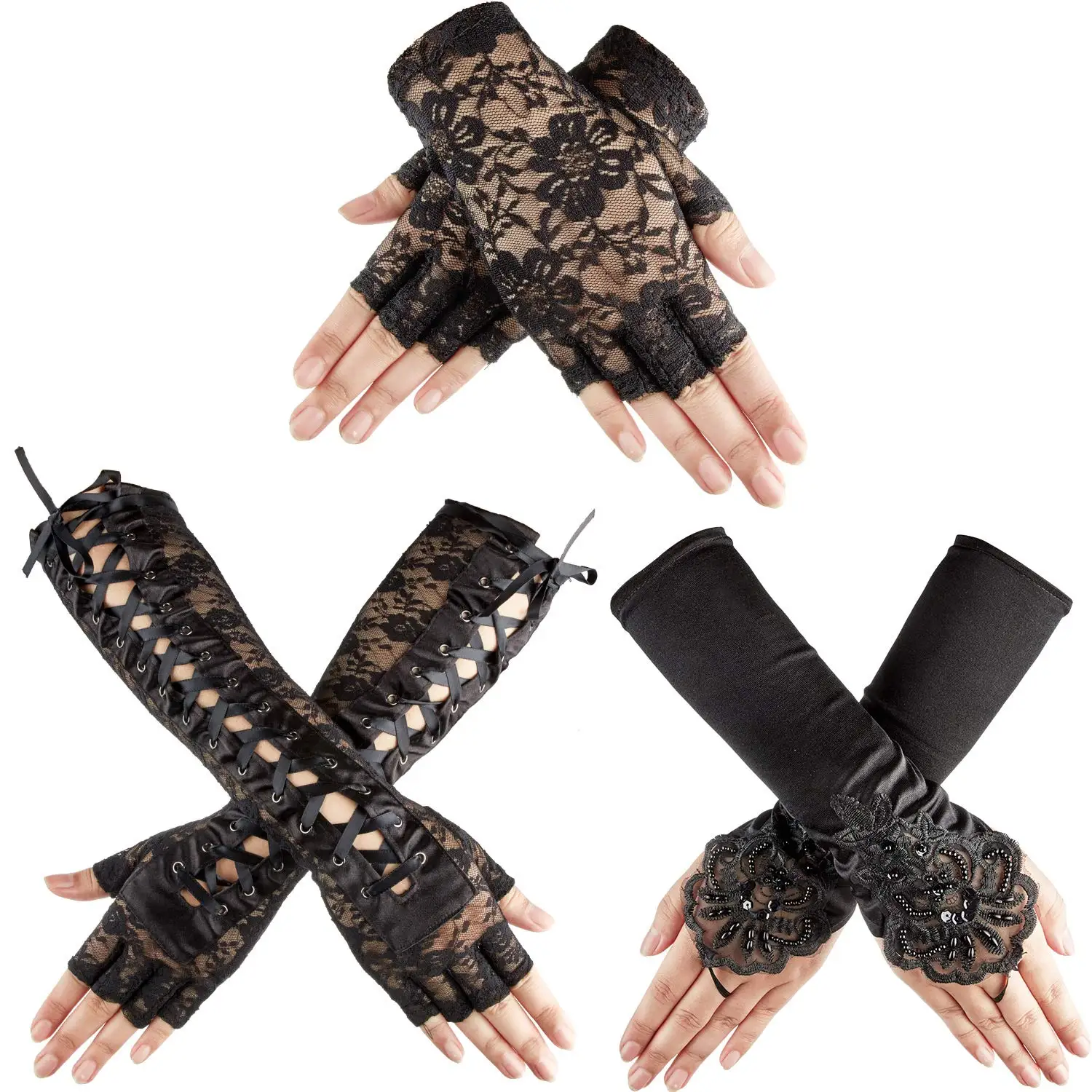 3 Pairs Women Gothic Gloves Lace Fingerless Gloves Wedding Bridal Tea Party Decor Cosplay Costume Accessories