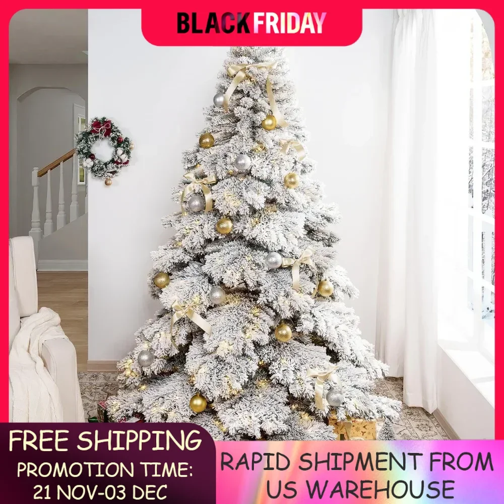 

7.5 Foot Snowflake Plush Christmas Tree, Frosted Christmas Tree with 1324 Branch Tips, 650 Warm Lights, and Metal Brackets