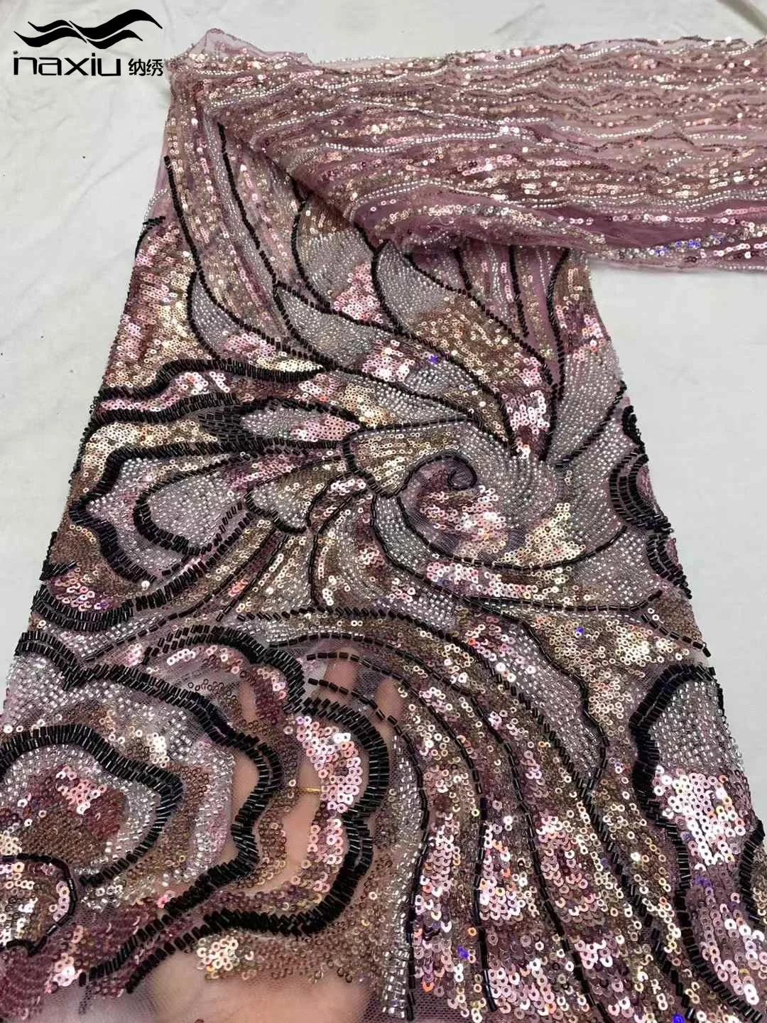 Madison African Beads Lace Fabric 2025 High Quality Mesh Sequins Lace Embroidered French Groom Fabric For Sewing Evening Dresses