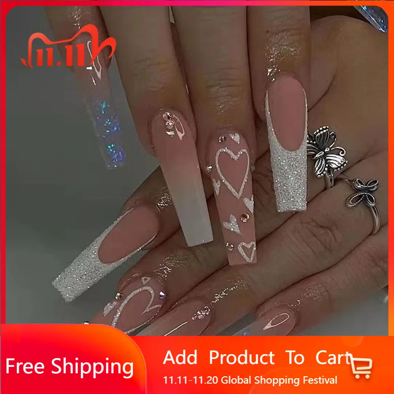 

24pcs Long Ballet Press on Nail Pink and Shiny Heart-shaped Diamond Artificial Fake Nails Seamless Removable False Nail