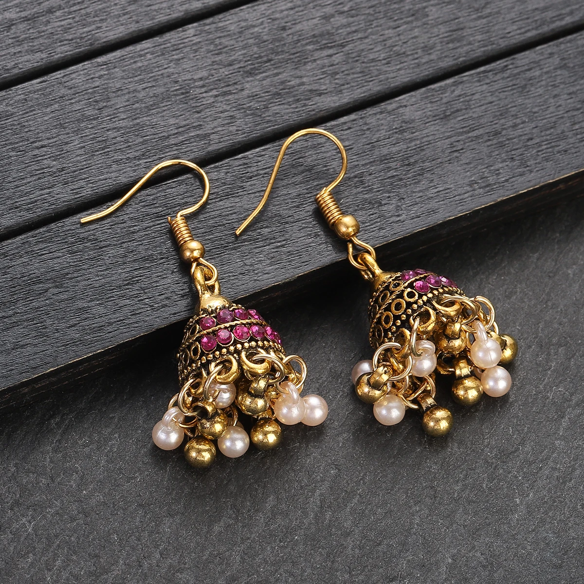Pendientes étnicos de campanas de Color dorado para mujer, Piercing de circonita rosa gitano indio, pendientes Jhumka con borla de tribu Vintage, joyería