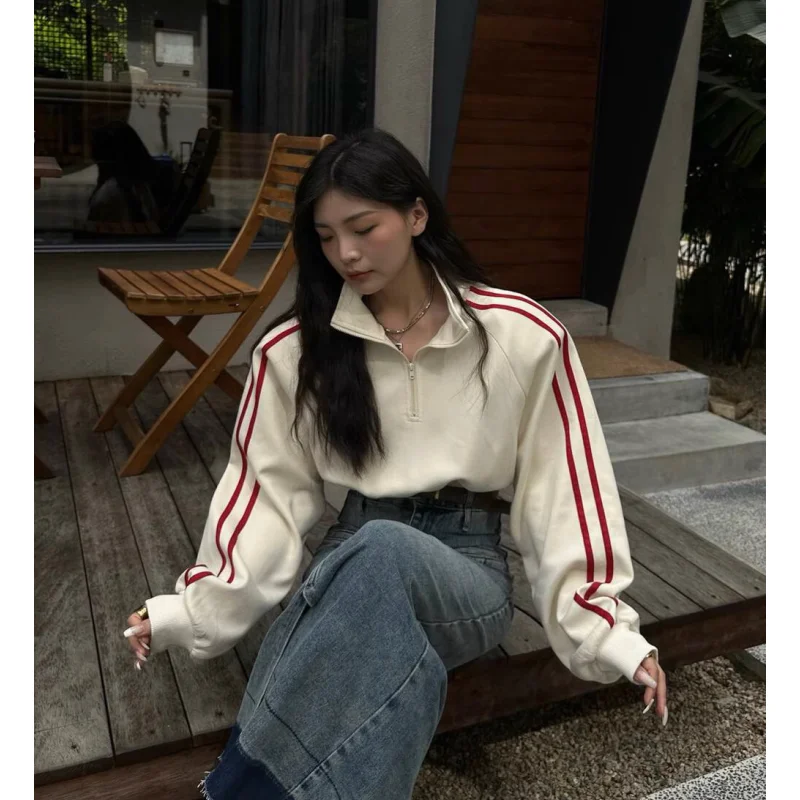Apricot Women Sweatshirt Coat Solid Stripe Vintage Long Sleeve Short Korean Fashion Casual Y2K Style 2023 NEW Autumn Female Tops
