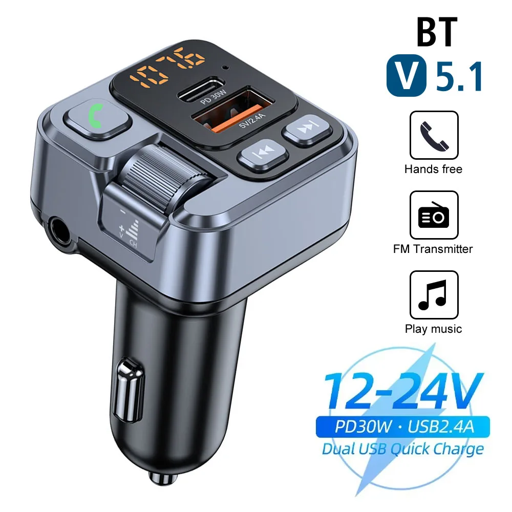 

30 Вт 3,5 мм Aux Автомобильный Bluetooth-приемник Автомобильный MP3-стерео Музыкальный плеер Громкая связь Bluetooth 5.1 FM-передатчик PD USB-C Быстрое зарядное устройство