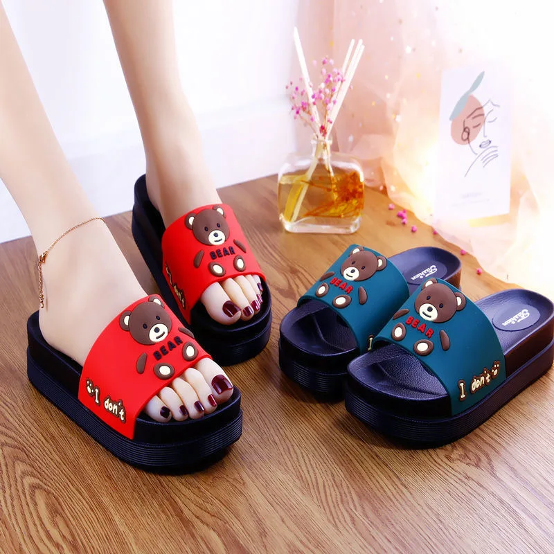 New Summer High-heeled Thick Soled Slippers Women's Cute Cartoon Bear Heightening Sandals Shoes Woman Heels Summer Slipper Slide