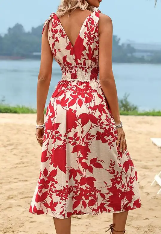 

Summer Vacation Style Women's Sleeveless Bow Detail Red Floral Print Dress Casual Maxi Dress
