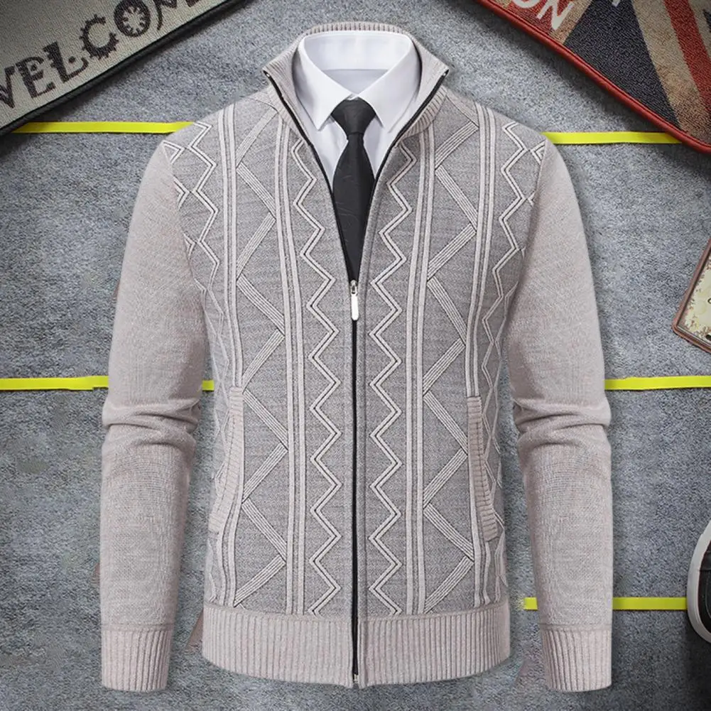 

1Pc Men Autumn Winter Cardigan Sweater Pockets Zipper Placket Knitting Coat Stand Collar Ribbed Trim Wave Pattern Knitting Coat