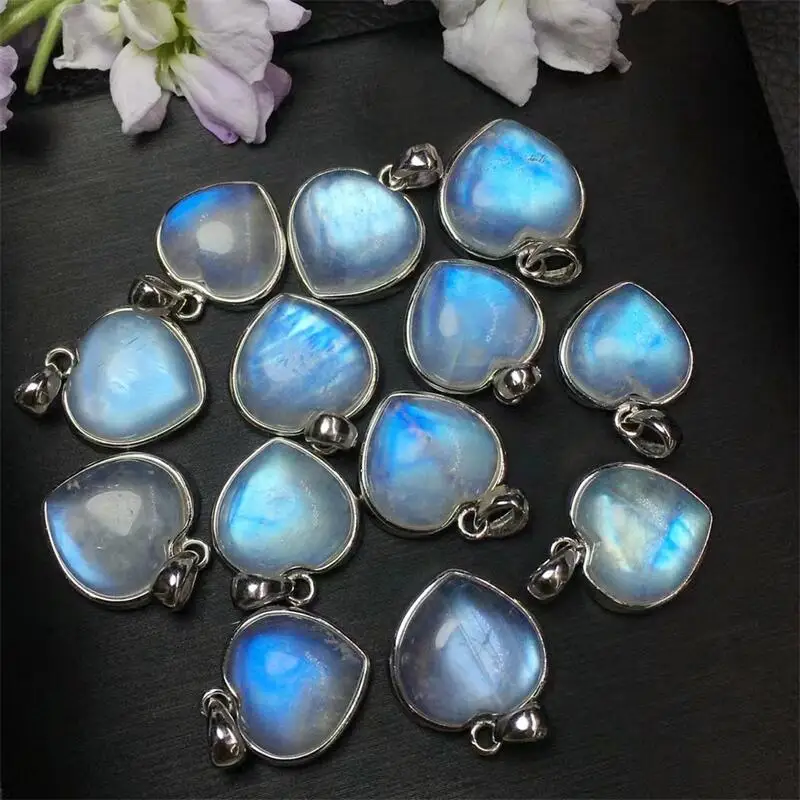 S925 Natural Blue Moon Stone Heart Pendant Crystals For Women Jewelry Healing Home Decoration Accessories 33-40MM