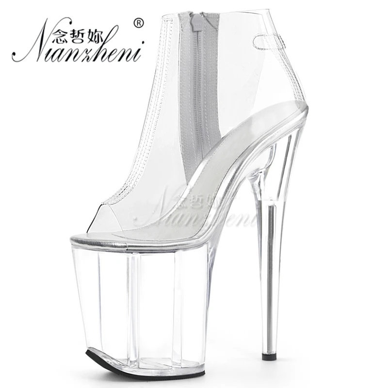20cm Stiletto Heels Sexy Winter Clear Crystal Low Tube Short Women's Boots 8 Inch Zipper Nightclub Pole Dance Shoes