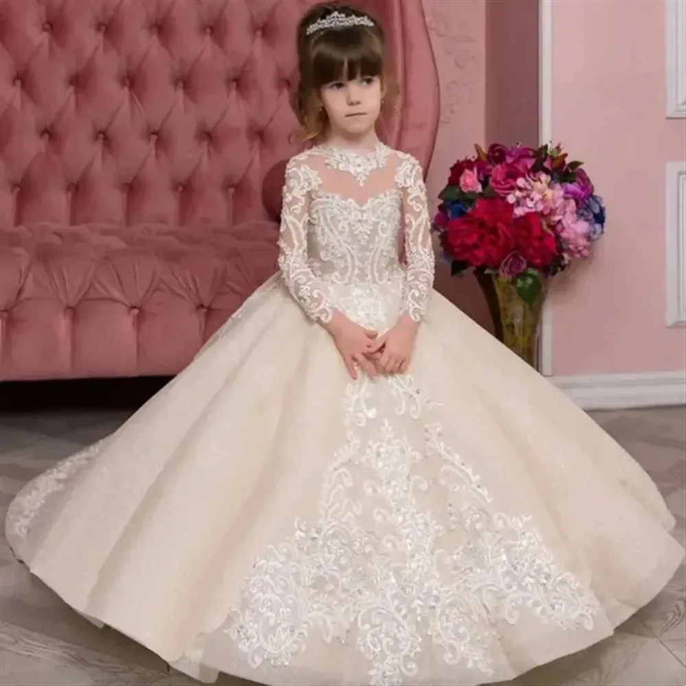 

Elegant Flower Girl Wedding Dress Long Sleeves Appliques Backless Ball Gown Princess Birthday Party First Holy Communion Dress