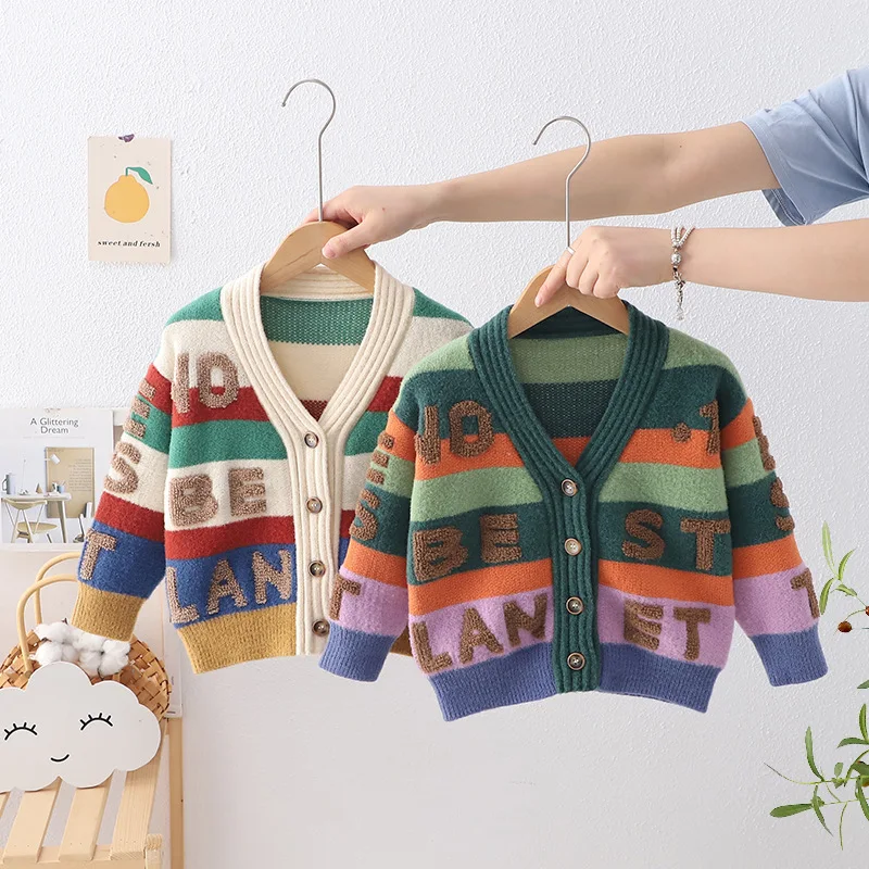 Children Sweater for Boys 2023 Winter cardigan Stripes Baby Boy Knitted Warm Sweaters Flocking Letters Fashion Kids Tops GY10181