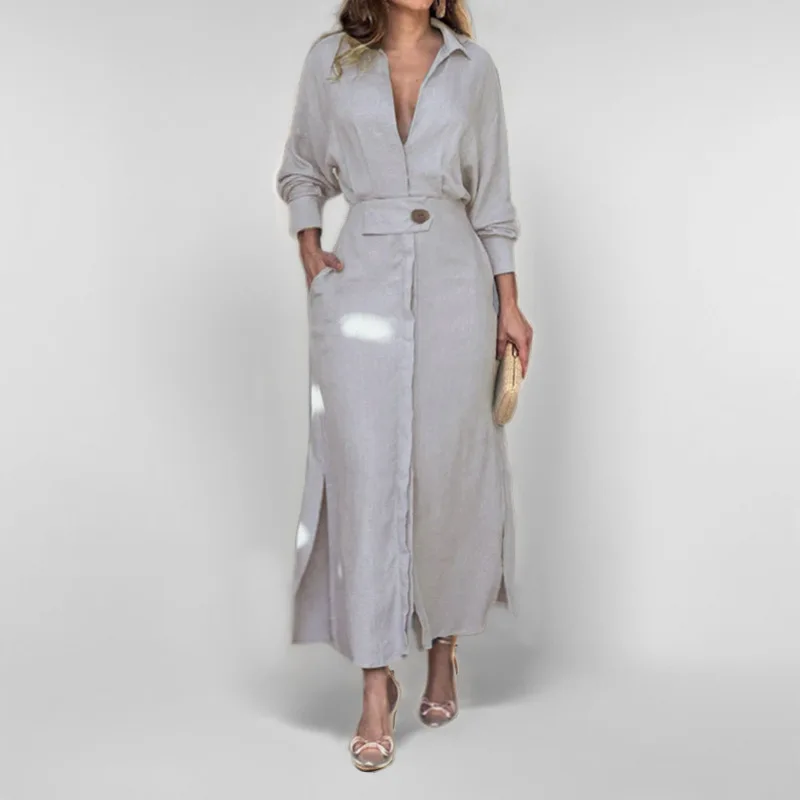 "Zeyla 2024 Euro Style Shirt Dress - V Neck Button Down Belted Waist Dress with Asymmetrical Hem Office Chic Outfit"