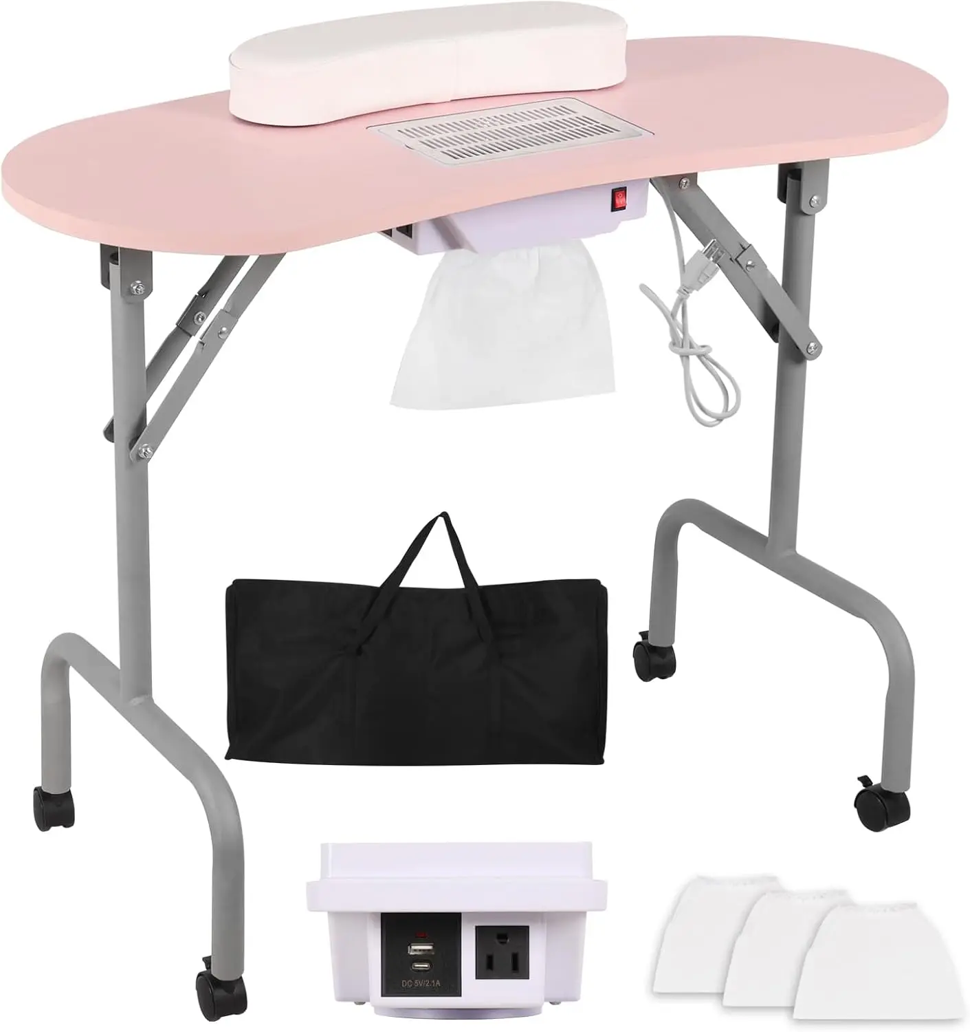 

Manicure Table Nail Desk with Charging Station & Dust Collector, Foldable Nail Tech Table for Technician Spa Salon Workstation w