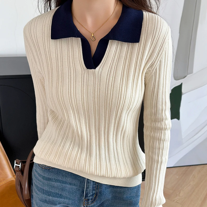 

Spring/Autumn 100% Cotton Women's Sweater Casual Splicing Knitted Pullover Long Sleeve Slimming Polo Collar Tops Basic Blouse