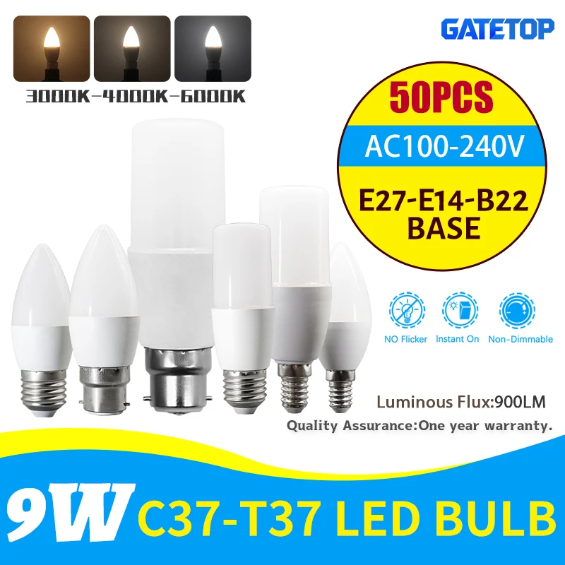

50PCS C37 T37 LED Bulb 9W E14 E27 B22 Base 220V 110V Lampada Living Room Home Bombilla Warm Cold White