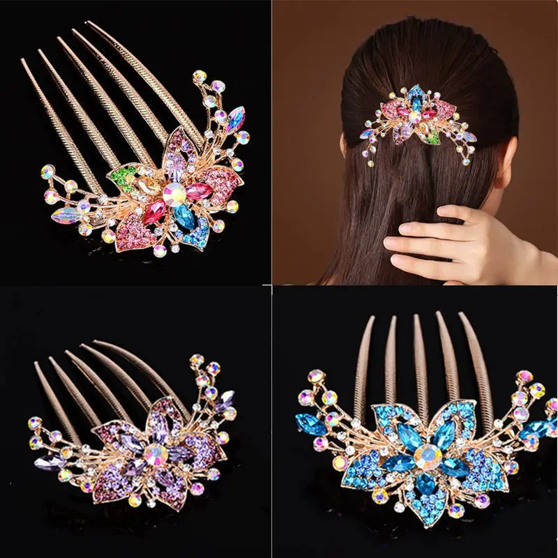 

Elegant Rhinestone Floral 5 Prong Hair Comb Korean Style Hairpin for Ponytail Bun Updo Hair Accessories