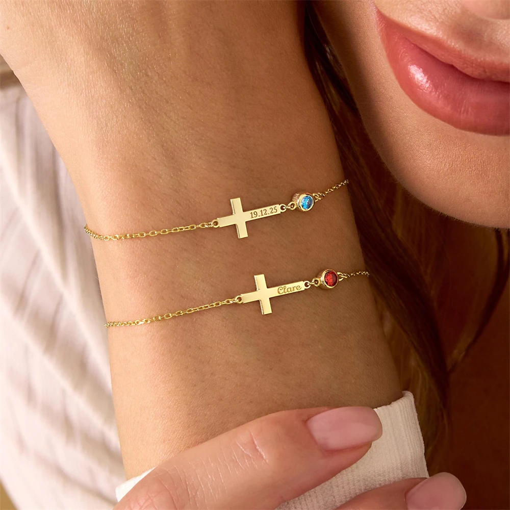Custom Cross Name Bracelet Christian Jewelry Gold Plated Birthstone Charm Engraved Nameplated Bracelets Baptism Gift
