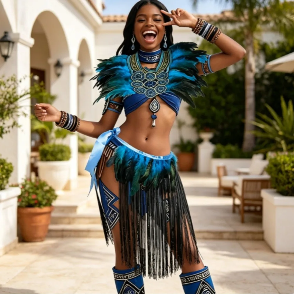 Blue Feather Tribal Costume Set for Women Inspired Outfit with Feather Shoulder Skirt for Halloween Carnival