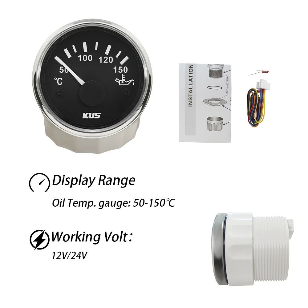 KUS 52mm Oil Temp Temperature Gauge Meter Indicator 50-150℃ With Backlight 12V 24V for Car Limousine Vessels