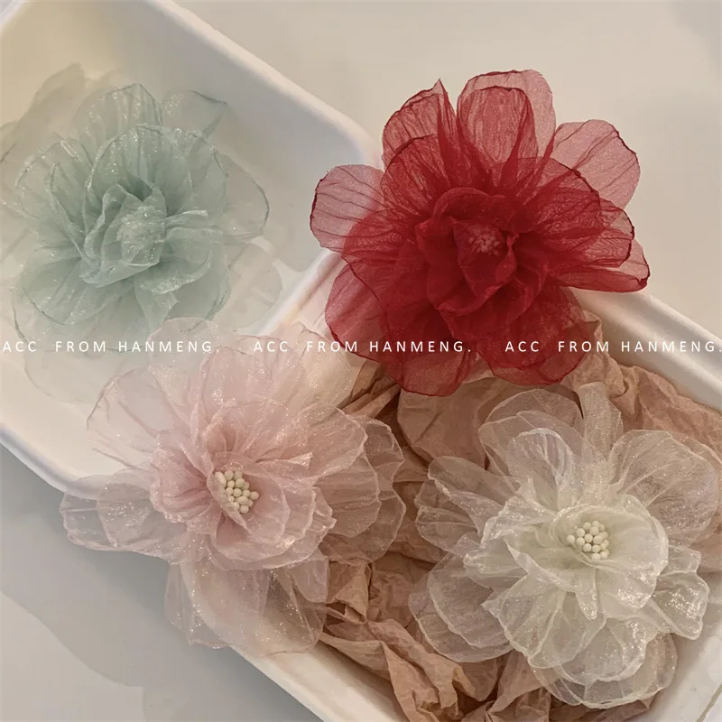 2024 Spring Summer Organza Flower Hairpin for Children Girls Sweet Gauze Camellia Hair Clip Headwear Holiday Hair Accessories