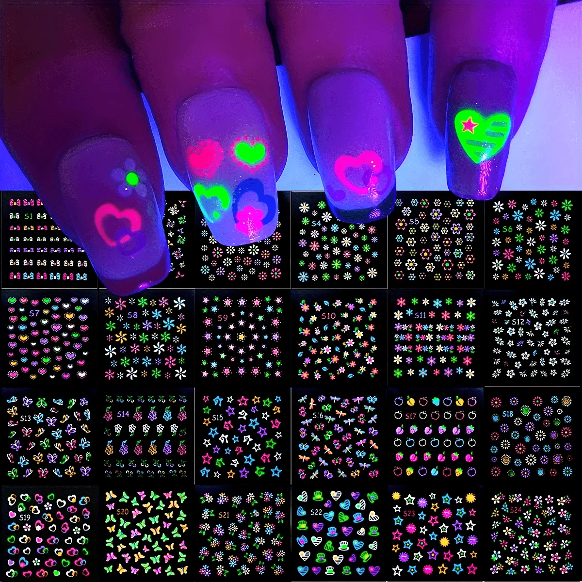 

30 Sheets 3D Glow in The Dark Neon Nail Stickers - Glittery Glossy Self-Adhesive Nail Art Decorations with Butterfly, Love Heart