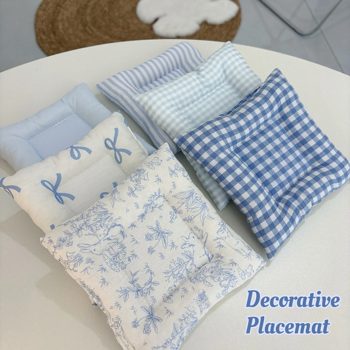 14CM Winter Placemat Photo Prop Blue Series Cotton Plaid Stripe Decoration Insulated Coaster Jewelry Cushion for Dressing Table