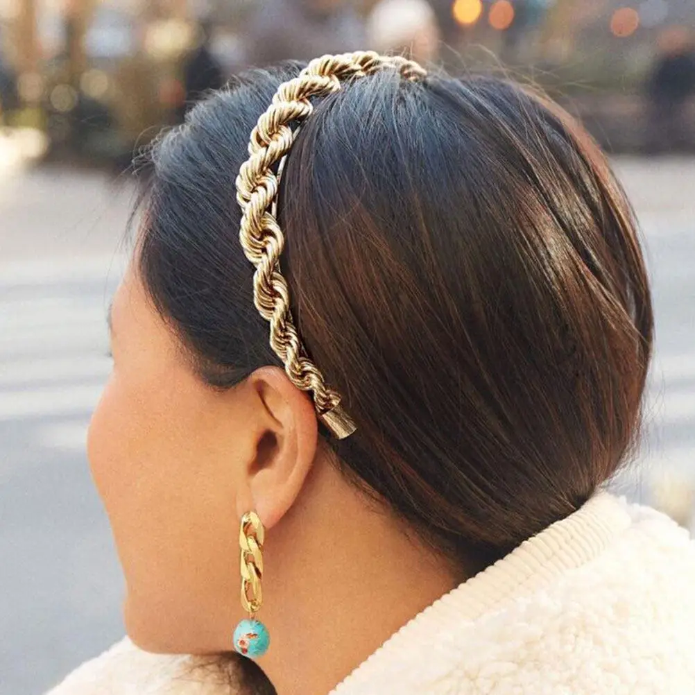1Pcs Luxurious Retro Braided Hair Hoop Sparkle Headband Women Headdress for Prom Wedding Party Dance Picnic Soiree Golden Metal