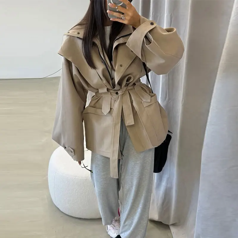 Damen-Windbreaker mit Revers und Schnürung, einreihiger Trenchcoat für Frühling und Herbst, langärmelige, schmale Jacke, neue Oberbekleidung – Detail 23