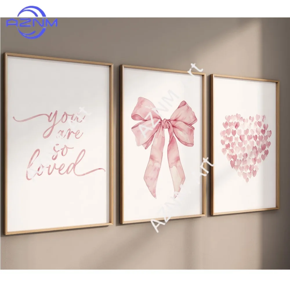 1Pc/3Pcs Cartoon watercolor pink bow love girl bedroom canvas decoration core poster frameless