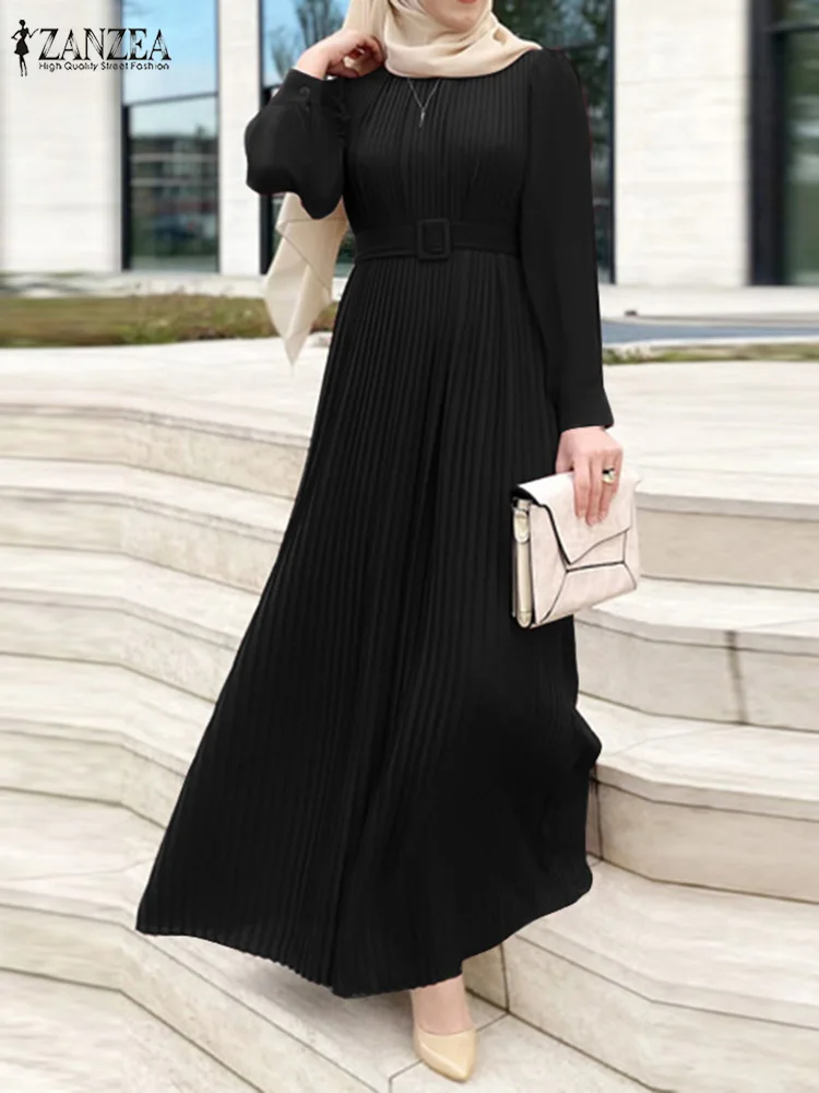 ZANZEA Fashion Long Sleeve Party Sundress Elegant Women Muslim Dress Abaya Solid Pleated Vestidos Belted Robe IsIamic Clothing