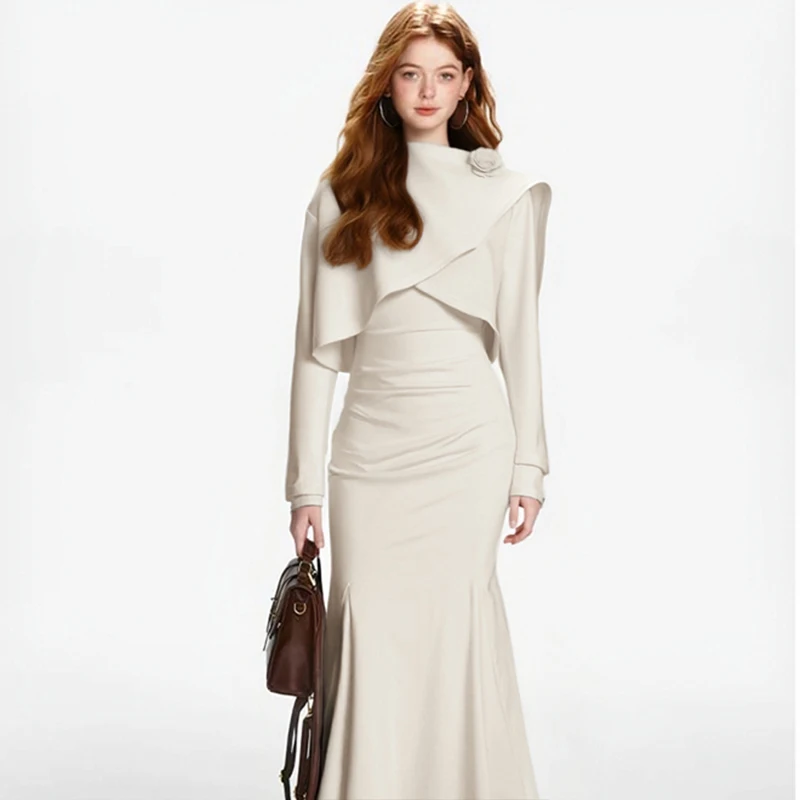 

Осенне-зимний новый стиль: комплект из двух предметов – длинное асимметричное платье-шаль и топ с круглым вырезом и длинными рукавами, повседневный модный женский ансамбль