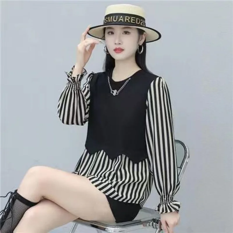 Fashion Woman Blouses 2023 Spring Autumn Crew Neck Long Sleeve Princess Sleeve Commuter Casual Preppy Style Striped Pullovers