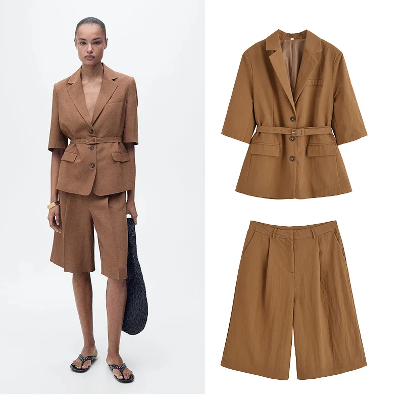

TRAF Women's Short Pant Suits Long Sleeve Turn-Down Collar Belt Lady Sets 2025 Spring Summer Casual 2 Piece Set Women Outfit