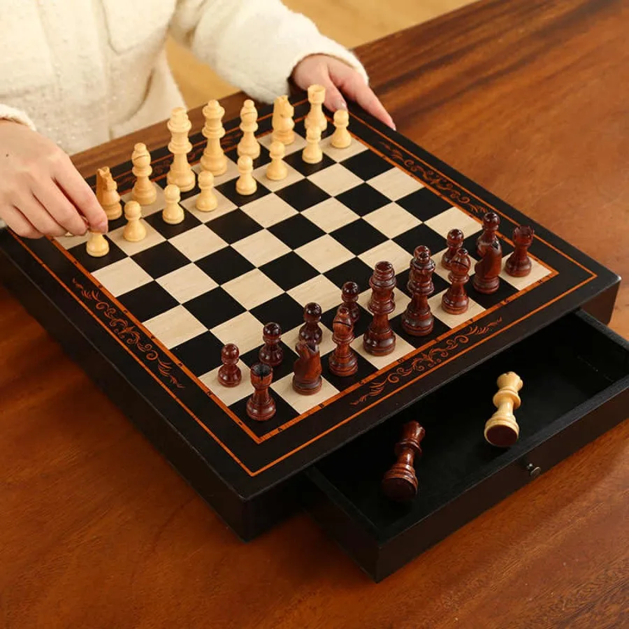24cm/9.45inch Wooden Chess, High-Grade Solid Wood, Drawer Board, Strategy Family Game, Perfect Gifts