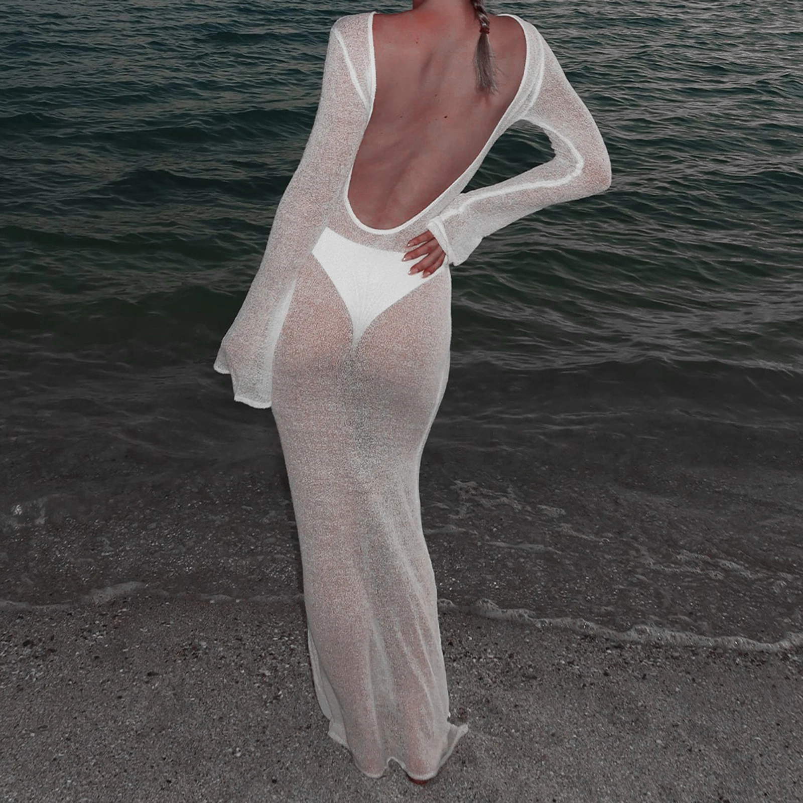 Dourbesty النساء خمر الصيف الشاطئ التستر الصلبة انظر من خلال طويلة الأكمام ملابس السباحة التستر ثوب السباحة يغطي فساتين طويلة