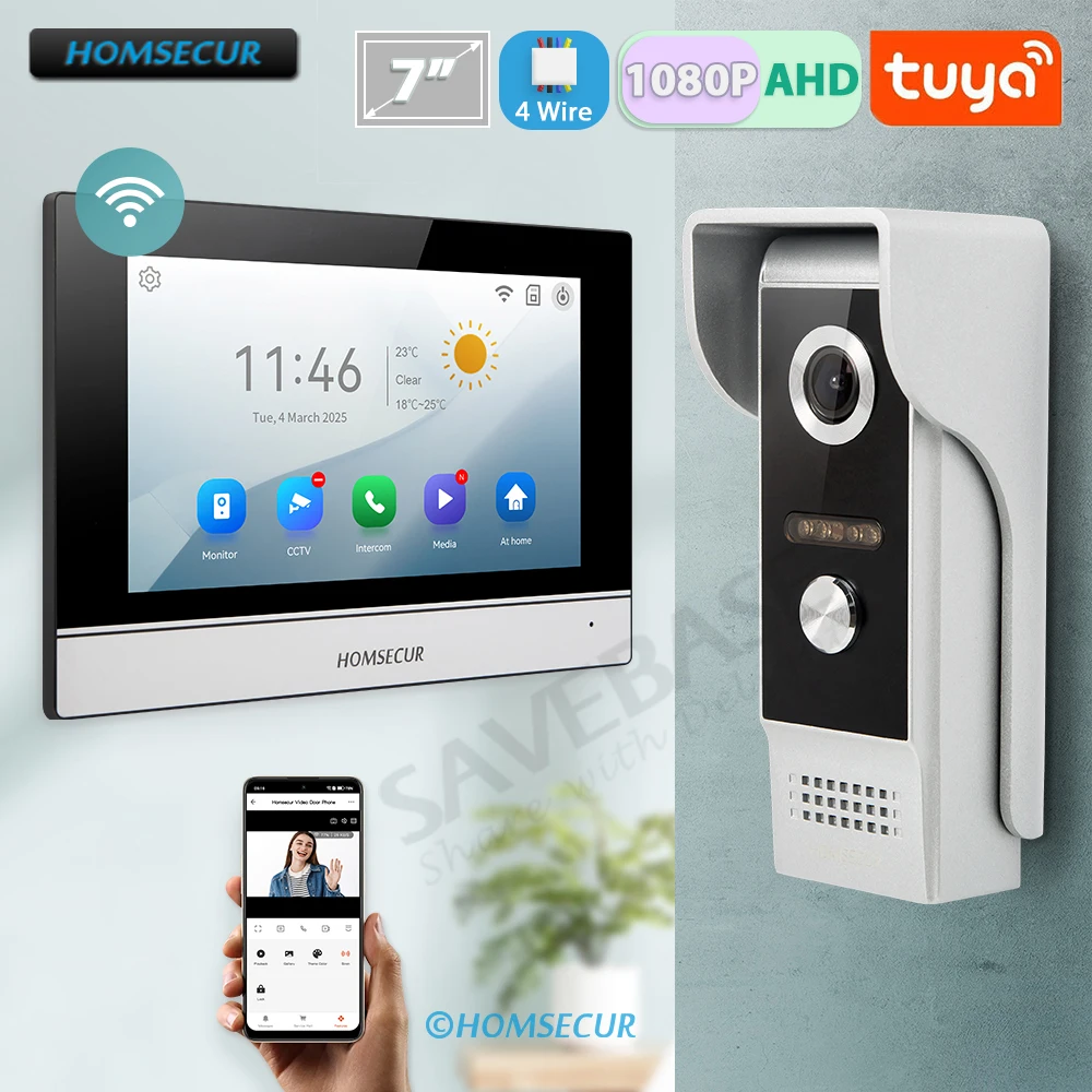 HOMSECUR 4 Wire Tuya Smart APP HD Video House Door Phone Kit with 7