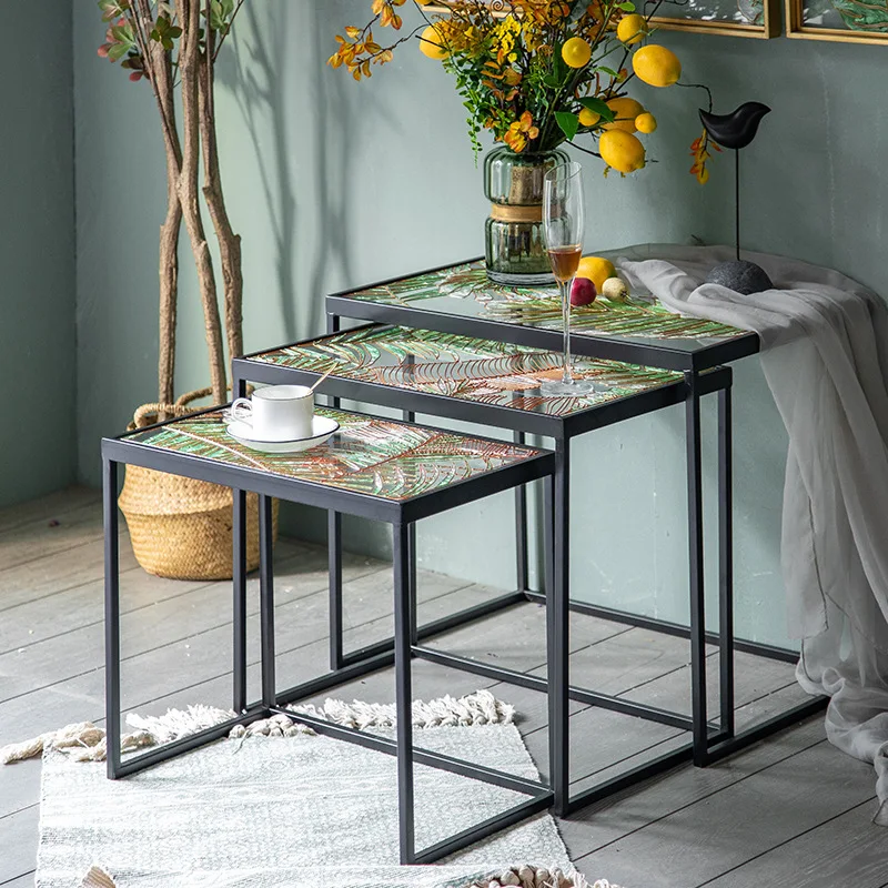 American vintage coffee table, light luxury iron wrought painted embossed glass side table, industrial style home living room mo