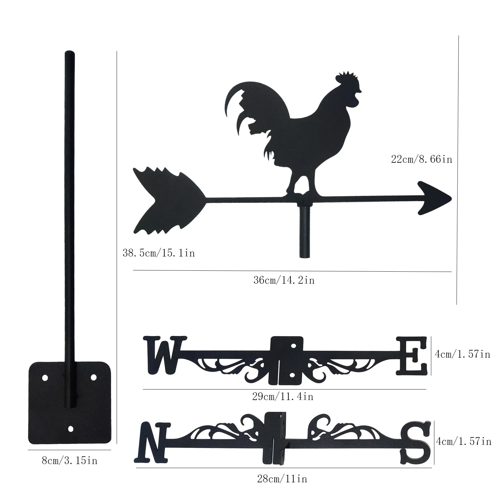 Rooster Cock Weathervane Silhouette Art Black Metal Chicke Wind Vanes Outdoors Decorations Garden for Roof Yard Building