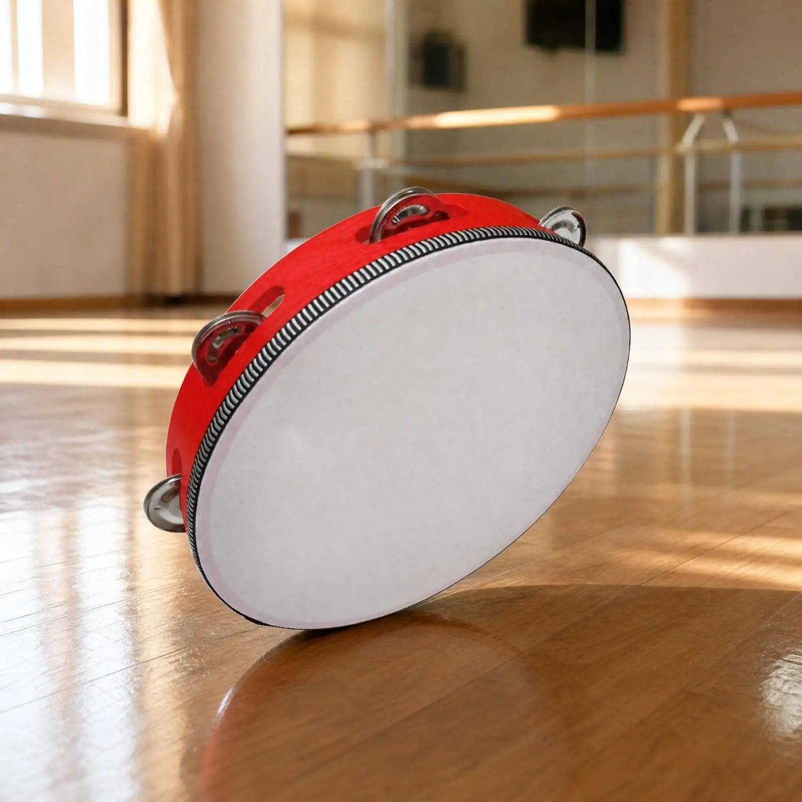 Round Wooden Tambourine for Children Handheld Drum Percussion Instrument with Metal Bells for Dance Rehearsal Music Education