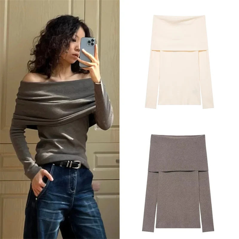 

Women's Top 2025 Autumn New Arrivals Solid Color Long Sleeve Strapless Off-Shoulder Knit Pullover Top Sexy Fashionable Versatile