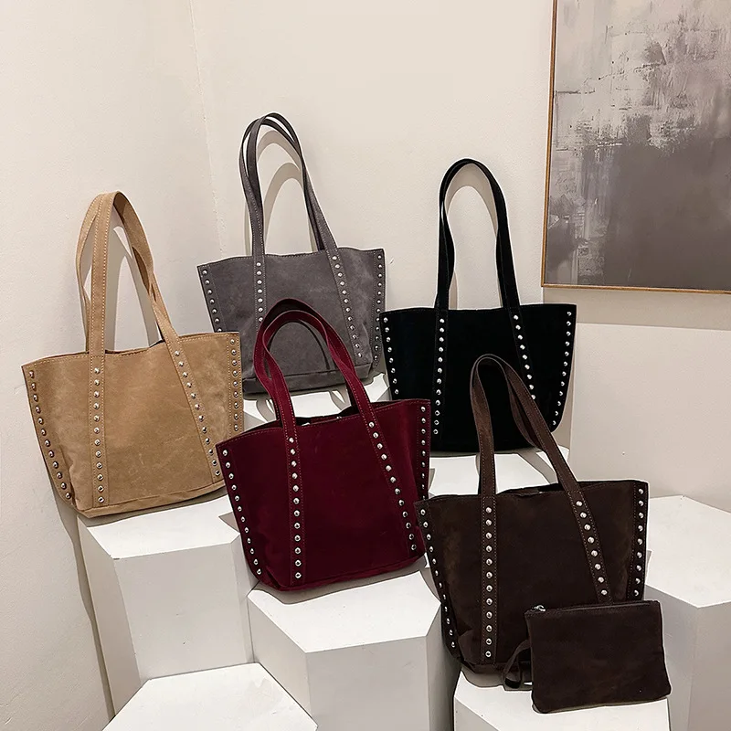 

​ ​ Винтажная большая сумка A/W с шипами, женская большая вместительная бархатная сумка на плечо, ручной кошелек ​