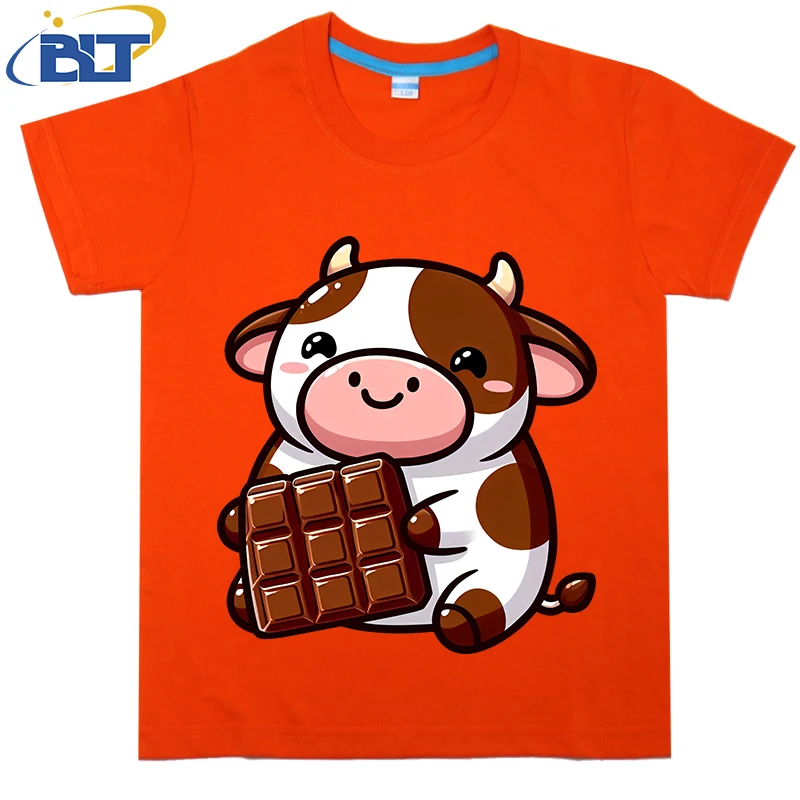 Camiseta con estampado de vaca de Chocolate para niños, top informal de manga corta de algodón puro, adecuado para niños y niñas, Verano