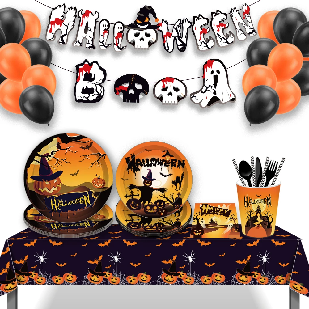 Halloween-Thema, Einweggeschirr-Sets, Teller, Tassen, Servietten, Kürbis-Geschirr für Halloween-Party, Dekoration zum Allerheiligen