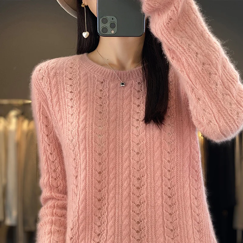 Autumn/Winter New 100% Pure Wool Sweater Casual Solid Color Knit Blouse Round Neck Hollow Tops Loose Fashion Ladies Pullover