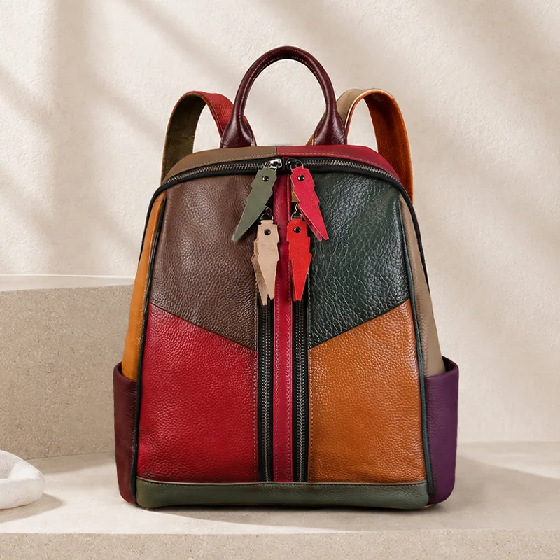 Mochila de Cuero Genuino para Mujer, Estilo Patchwork, Bolsos de Hombro de Cuero Vacuno Real, Mochila de Viaje de Moda para Mujer, Nueva Colección 2026