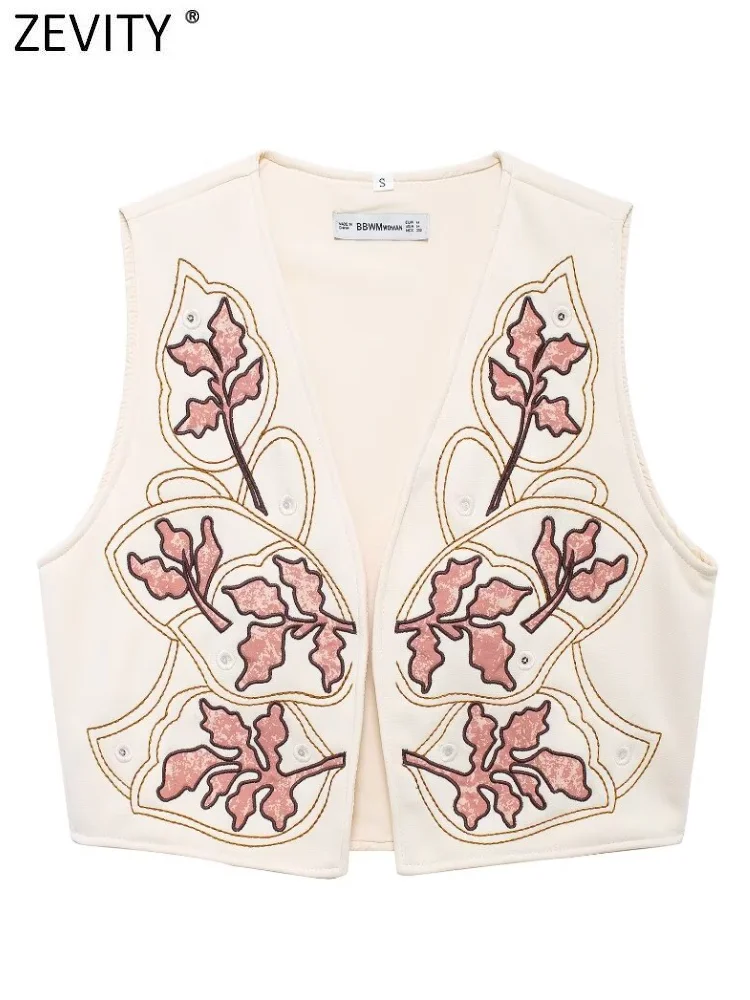 Zevity Women Fashion V Neck Floral Embroidery Open Stitch Short Vest Jacket Office Ladies Sleeveless Slim WaistCoat Tops CT6316