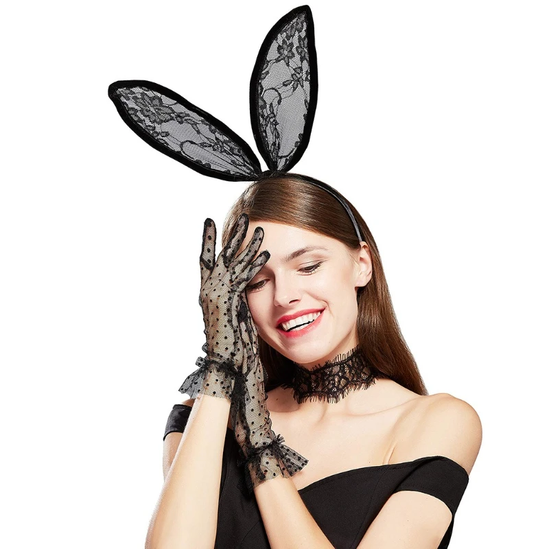 

Easter Lace Ear Necklace and Glove Set, Nightclub Cosplay Girl Styling Headband