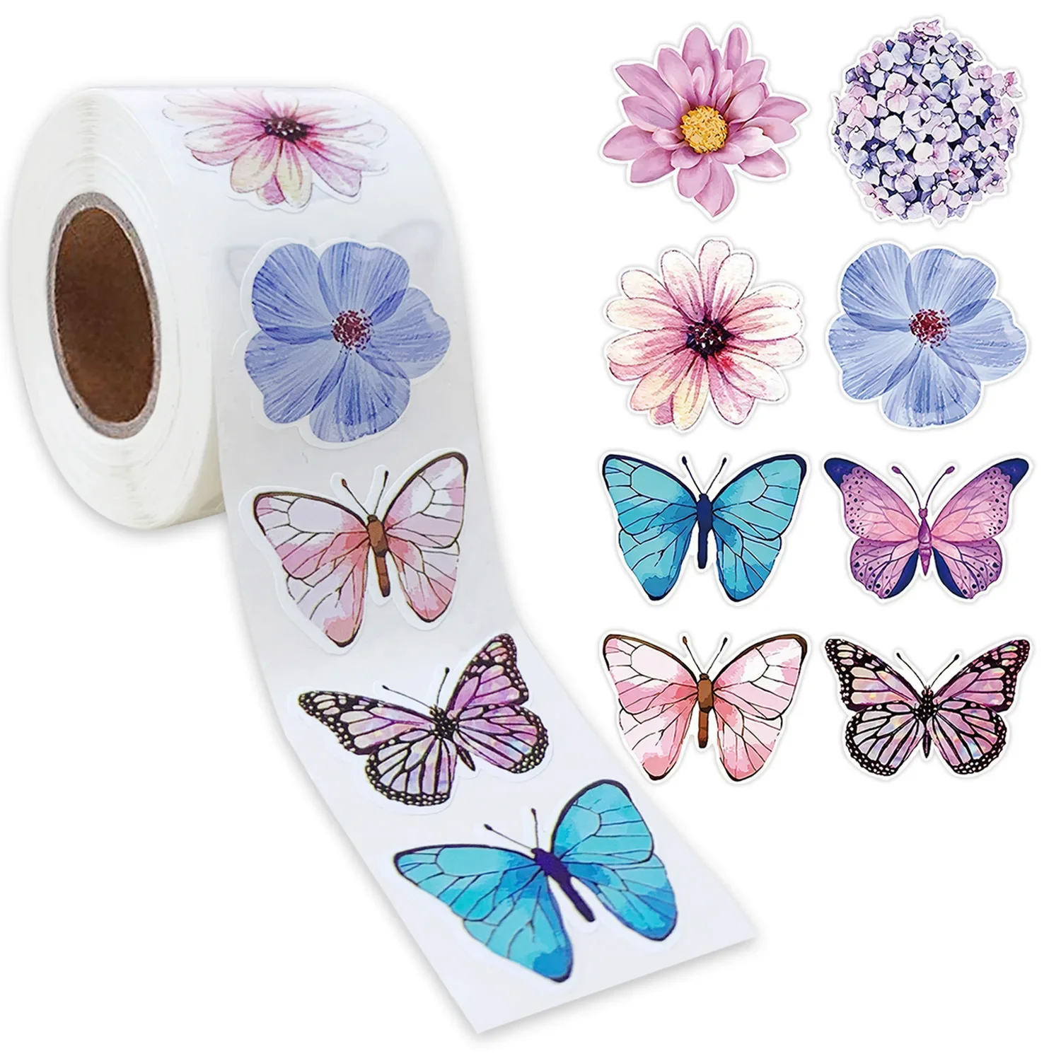 500 Pcs Roll 2024 New Round Butterfly Flower Shaped Sticker Decoration Gift Box Decorative Album Diary Cartoon Label Decor