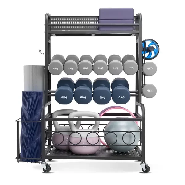 Yoga Mat Storage Rack with Hooks & Wheels, Steel Holder for Dumbbells, Kettlebells, Foam Roller, Yoga Strap – Powder Coated
