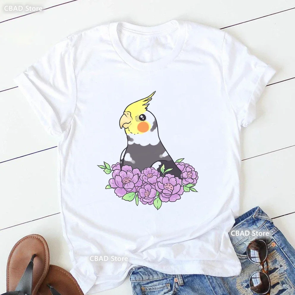 Cute Cockatiels/Parrot Bird Lovers Print T Shirt Girls Sunflower Flowers Tshirt Women Harajuku Kawaii Clothes Summer Tops Tee